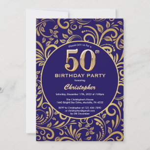 50th Birthday Navy Blue and Gold Floral Pattern Invitation