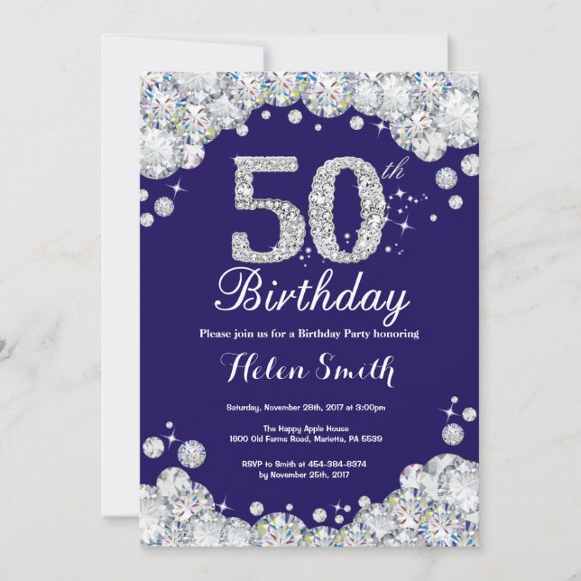 50th Birthday Navy Blue and Silver Diamond Invitation (Front)