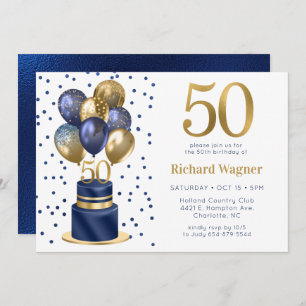 50th Birthday Navy Blue Balloon Cake Invitation