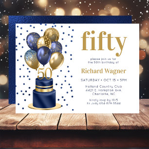 50th Birthday Navy Blue Balloon Cake Invitation