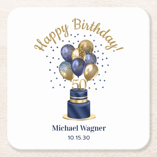 50th Birthday Navy Blue Balloon Cake Square Paper Coaster (Front)