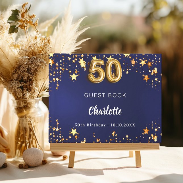 50th Birthday navy blue gold stars Guest Book (Creator Uploaded)