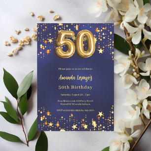 50th birthday navy blue gold stars invitation