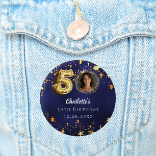 50th birthday navy blue gold stars photo 6 cm round badge