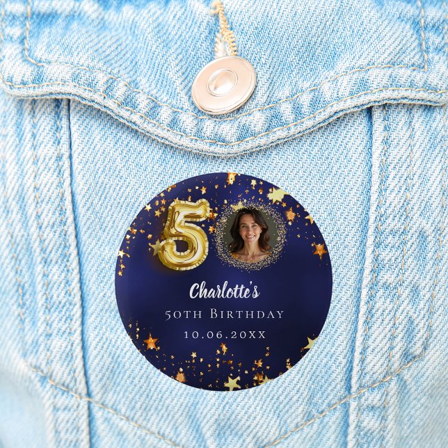 50th birthday navy blue gold stars photo 6 cm round badge (Creator Uploaded)