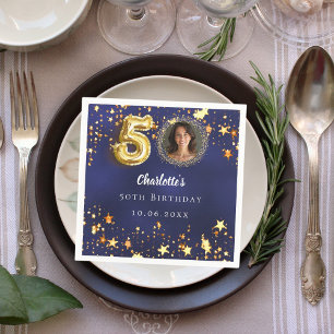 50th birthday navy blue gold stars photo napkin