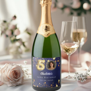50th birthday navy blue gold stars photo sparkling wine label