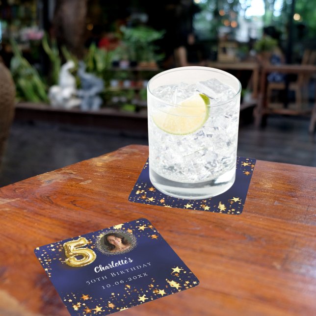 50th birthday navy blue gold stars photo square paper coaster (Creator Uploaded)