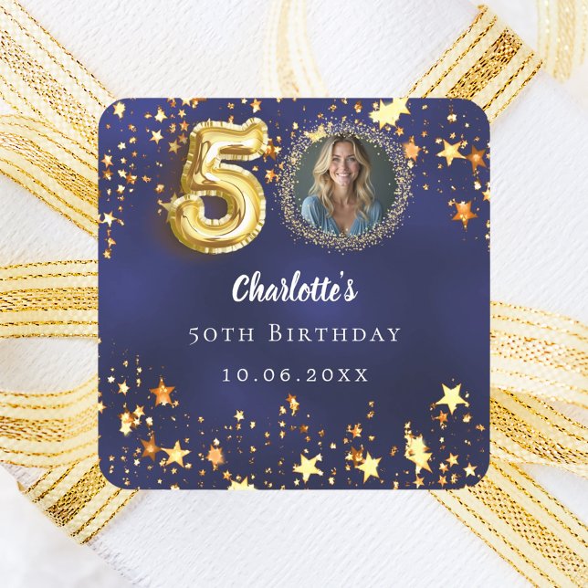50th birthday navy blue gold stars photo square sticker (Creator Uploaded)