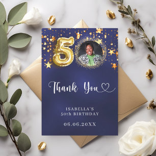 50th birthday navy blue gold stars photo thank you card