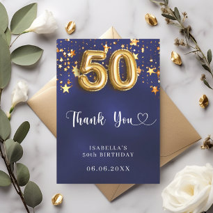 50th birthday navy blue gold stars thank you card