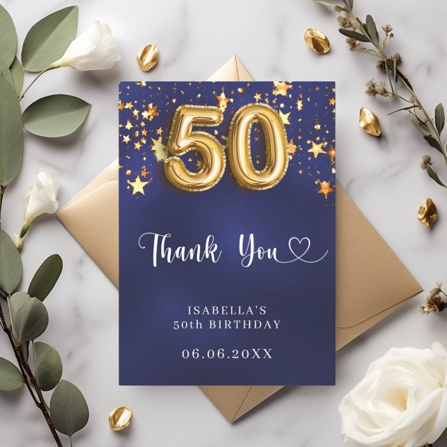 50th birthday navy blue gold stars thank you card (Creator Uploaded)