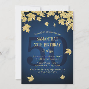 50th Birthday Navy Blue Modern Gold Leaves Invitation
