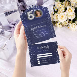 50th Birthday navy blue photo silver stars rsvp All In One Invitation<br><div class="desc">A navy blue background,  decorated with stars. The blue colour is uneven.  Personalise and add a photo,  name,  party details,  RSVP date,  return address and name.</div>