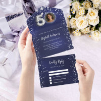 50th Birthday navy blue photo silver stars rsvp