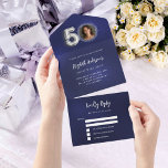 50th Birthday navy blue silver photo rsvp All In One Invitation<br><div class="desc">A navy blue background. The blue colour is uneven.  Personalise and add a photo,  name,  party details,  RSVP date,  return address and name.  Number 50 is written with a balloon style font in faux silver.</div>