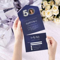 50th Birthday navy blue silver photo rsvp