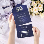 50th Birthday navy blue silver rsvp All In One Invitation<br><div class="desc">A navy blue background. The blue colour is uneven.  Personalise and add name,  party details,  RSVP date,  return address and name.  Number 50 is written with a balloon style font in faux silver.</div>