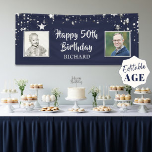 50th Birthday Navy Blue Silver Stars 2 Photos Banner