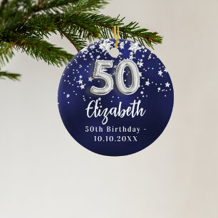 50th birthday navy blue silver stars ceramic ornament