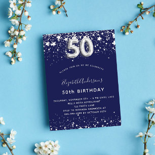 50th birthday navy blue silver stars glamourous invitation