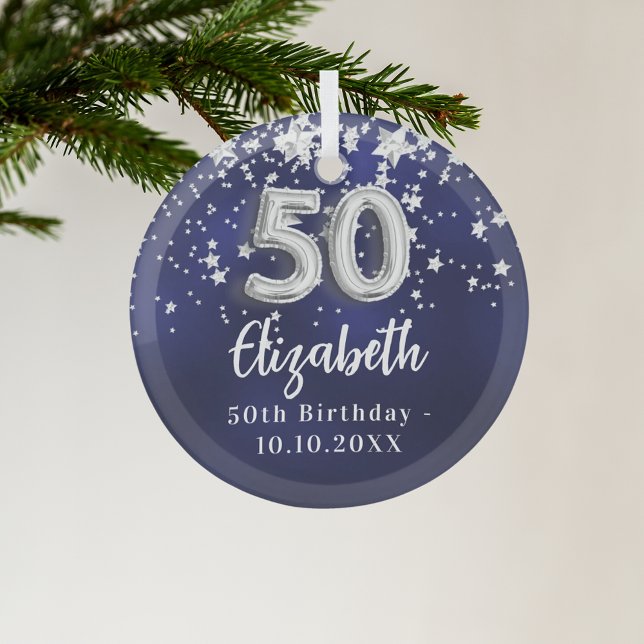 50th birthday navy blue silver stars glass tree decoration (Creator Uploaded)