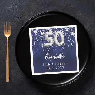 50th birthday navy blue silver stars napkin
