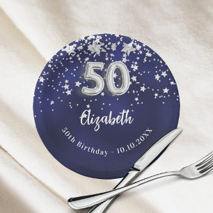 50th Birthday navy blue silver stars Paper Plate