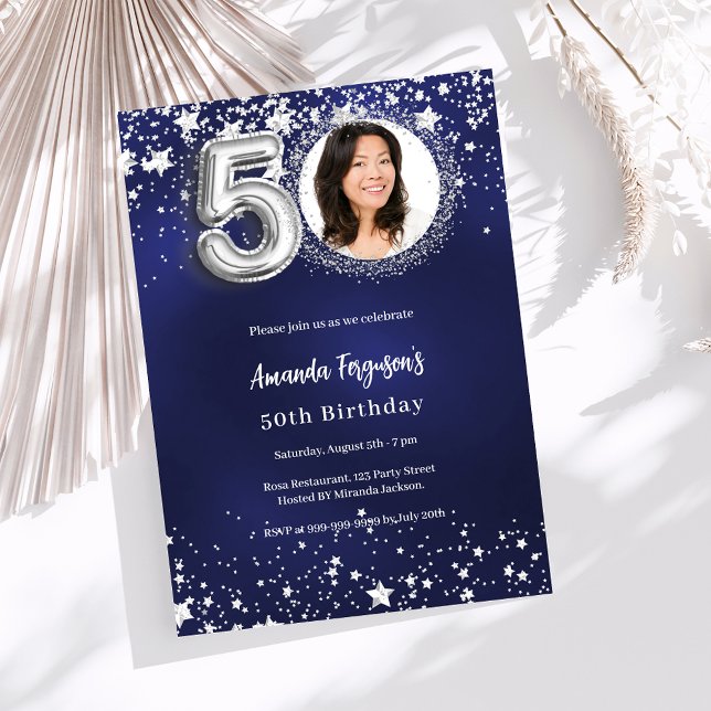 50th birthday navy blue silver stars photo invitation (Creator Uploaded)
