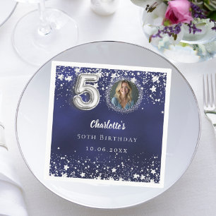 50th birthday navy blue silver stars photo napkin