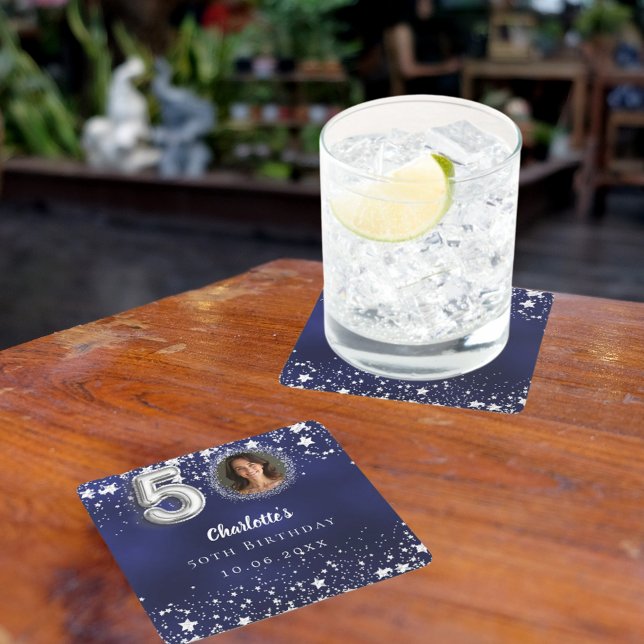 50th birthday navy blue silver stars photo square paper coaster (Creator Uploaded)