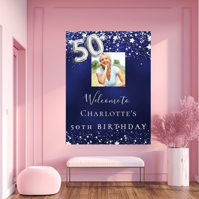 50th birthday navy blue silver stars photo welcome poster (Creator Uploaded)