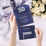 50th Birthday navy blue silver stars rsvp All In One Invitation<br><div class="desc">A navy blue background,  decorated with stars. The blue colour is uneven.  Personalise and add name,  party details,  RSVP date,  return address and name.  Number 50 is written with a balloon style font.</div>