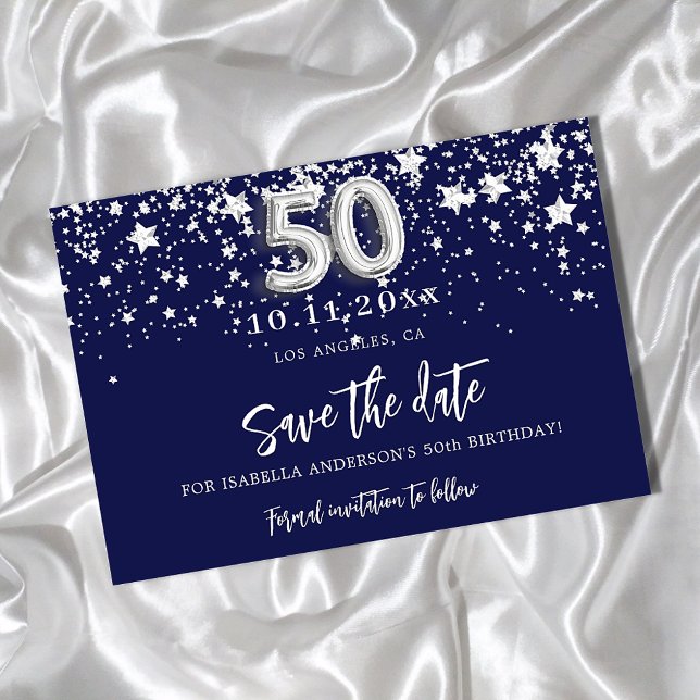 50th birthday navy blue silver stars save the date announcement postcard (Creator Uploaded)