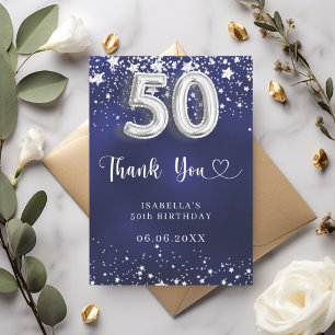50th birthday navy blue silver stars thank you card