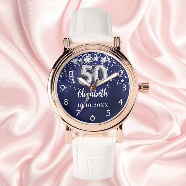 50th birthday navy blue silver stars watch (Creator Uploaded)