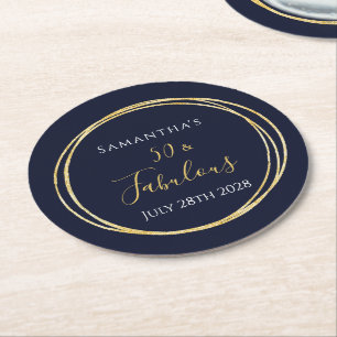50th Birthday Navy Gold 50 Fabulous Party Round Paper Coaster