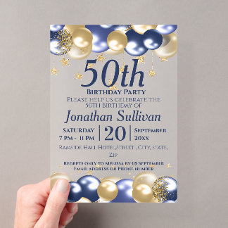50th Birthday Navy Gold Balloons Party Acrylic Invitations