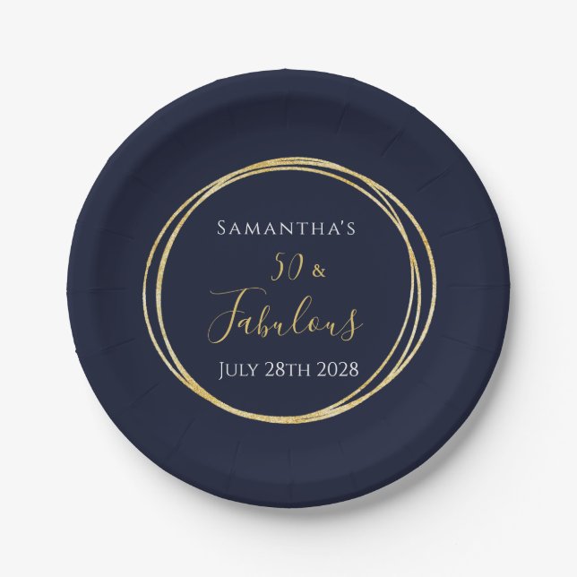 50th Birthday Navy Gold Birthday Party Paper Plate (Front)