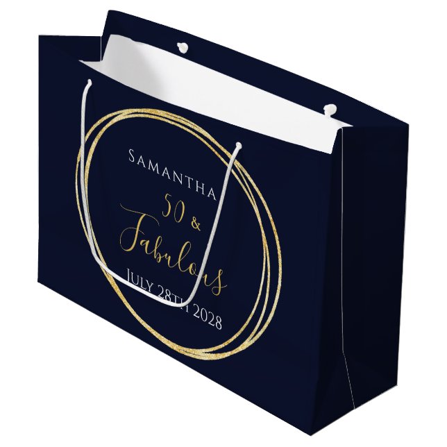 50th Birthday Navy Gold Personalised Party Favour Large Gift Bag (Front Angled)