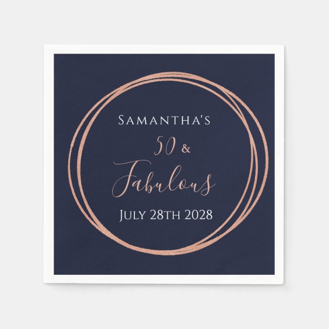 50th Birthday Navy Rose Gold Birthday Party Napkin (Front)