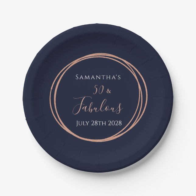 50th Birthday Navy Rose Gold Birthday Party Paper Plate (Front)