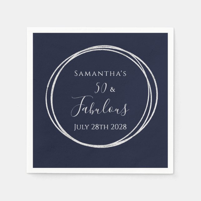 50th Birthday Navy Silver 50 and Fabulous Party Napkin (Front)