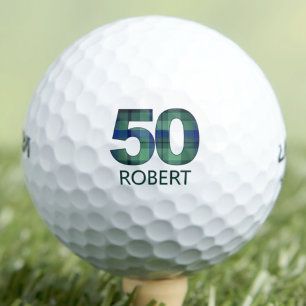 50th Birthday Neighbour Gift – Blue Plaid Style Golf Balls