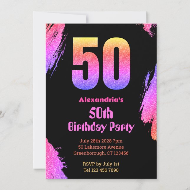 50th birthday neon pink glitter party invitation (Front)