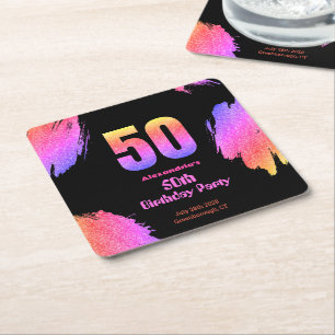 50th birthday neon pink glitter party square paper coaster