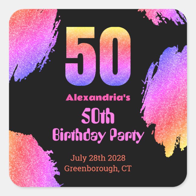 50th birthday neon pink glitter party square sticker (Front)