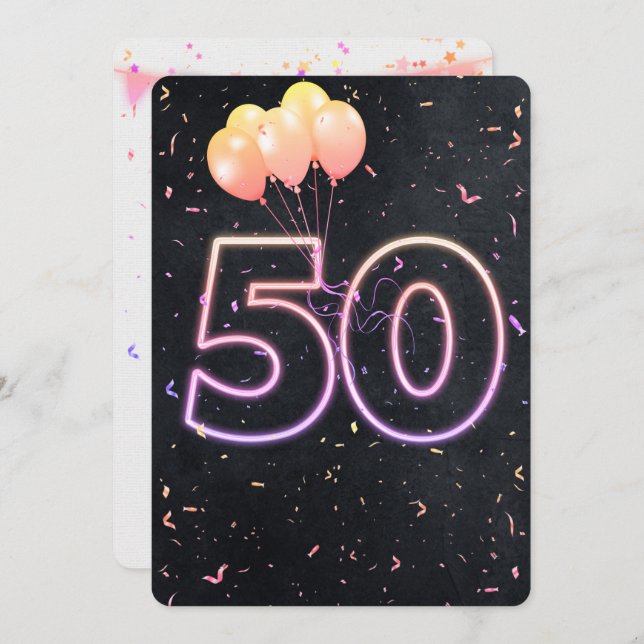 50th Birthday Neon Sign On Black Invitation (Front/Back)