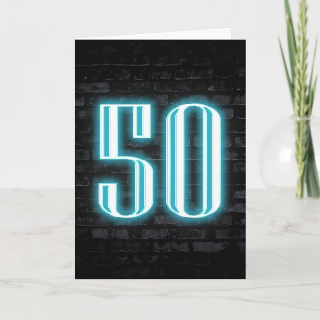 50th Birthday Neon Sign on Brick  Card (Front)