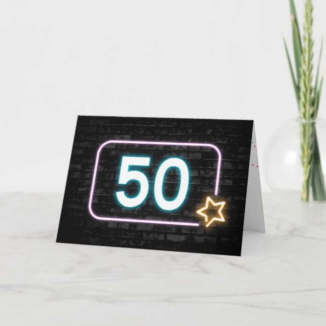50th Birthday Neon Sign On Brick Card (Front)